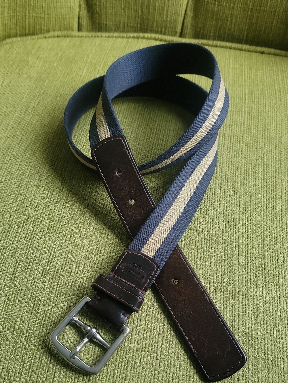 Coach Y2K Blue and Cream Striped Canvas Belt with Brown Leather Trim